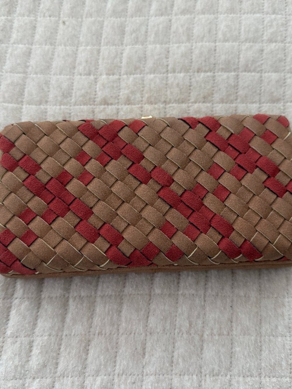 Women’s suede multi color woven purse with removable crossbody gold chain